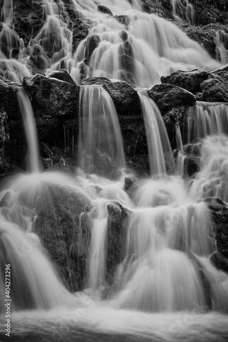 Black and white image of a waterfall in close-up