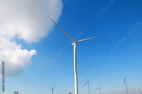 The wind turbine on the bright sky , Dan Khao Kho,Phetchabun, Thailand.	