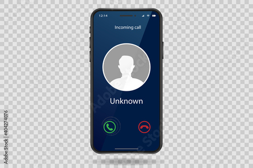 Incoming call on mobile phone. Calling on smartphone with caller avatar, contact photo on ringing phones screen. Realistic phone frame design. Vector illustration