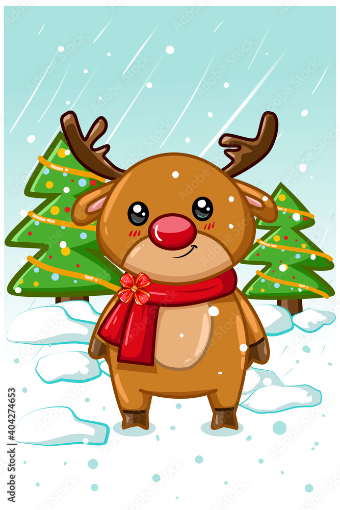 Fototapeta premium A small deer wearing red coat in the christmas season