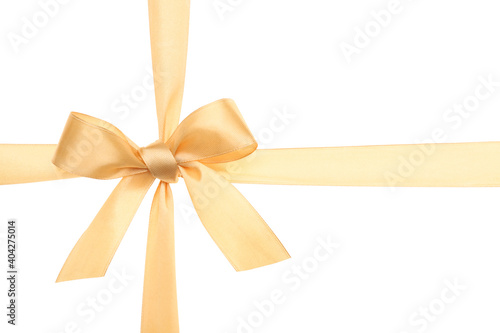 Yellow ribbon with bow on white background. Decoration for gift box