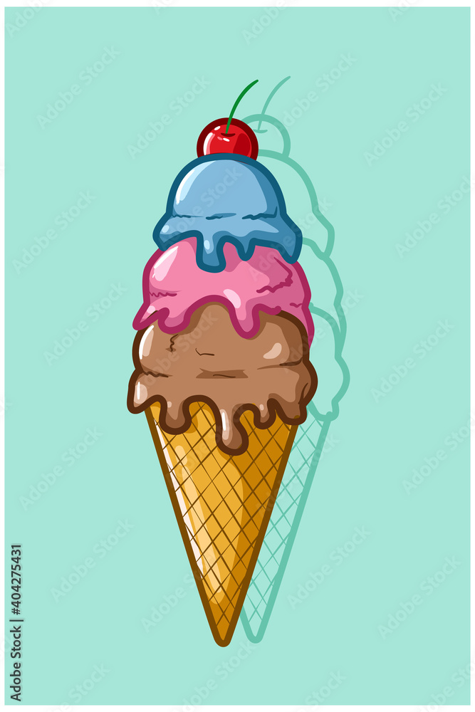 Ice cream with tree color cream, tosca background Ice cream with tree color cream, tosca background