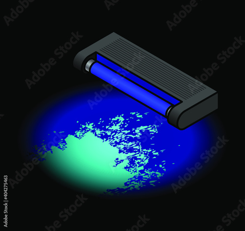 A handheld UV lamp on a black background with a fluorescing spatter pattern.