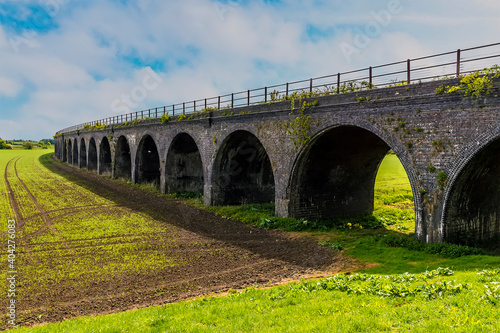 A view from the flood plain levy towards the abandoned railway viaduct at Fledborough, Nottinghamshire in springtime photo