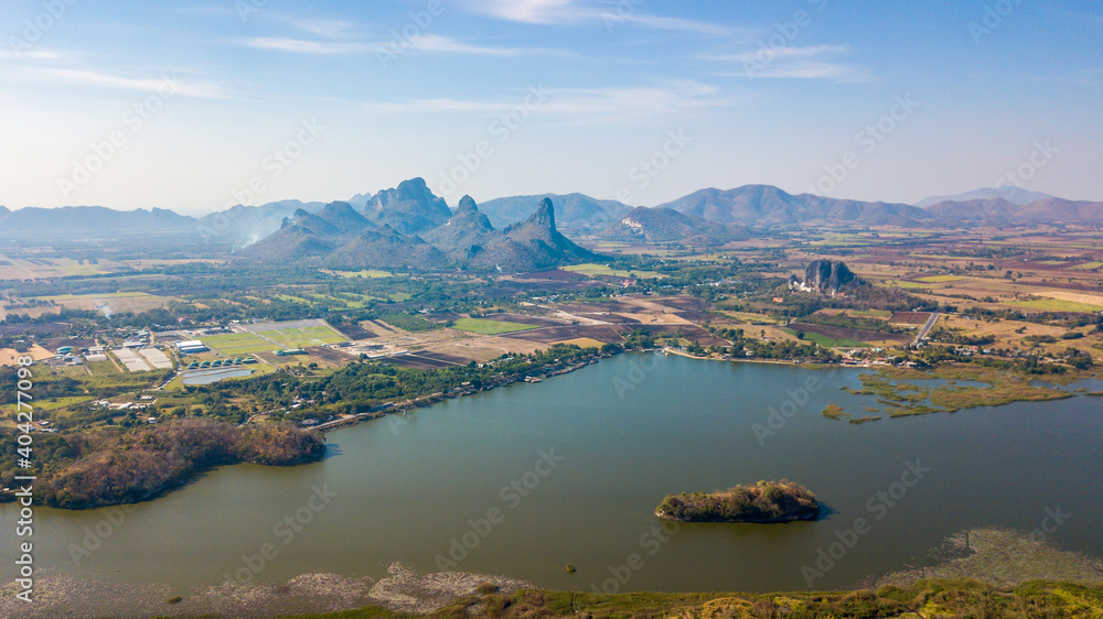 Aerial view of Sub Lek reservoir with mountain at  Lopburi THAILAND