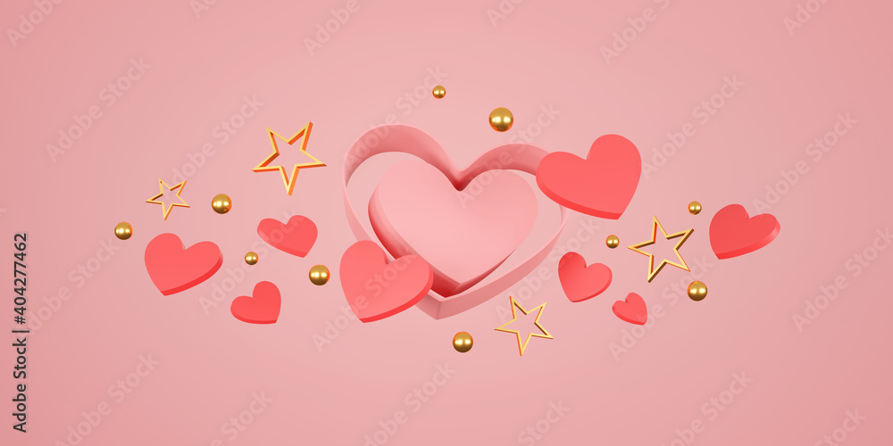 happy valentine's day banner. heart, gift and box on pink background. space for text. 3D illustration