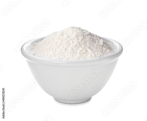 Organic flour in bowl isolated on white