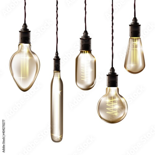 Vintage light bulbs hanging on filament set. Retro decor design vector illustration. Antique yellow glowing lanterns in glass with strings from ceiling on white background
