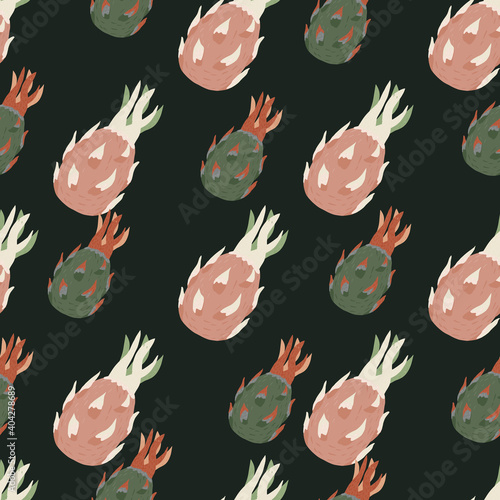 Organic fruit seamless doodle pattern with green and pink simple pitahaya shapes on black background.