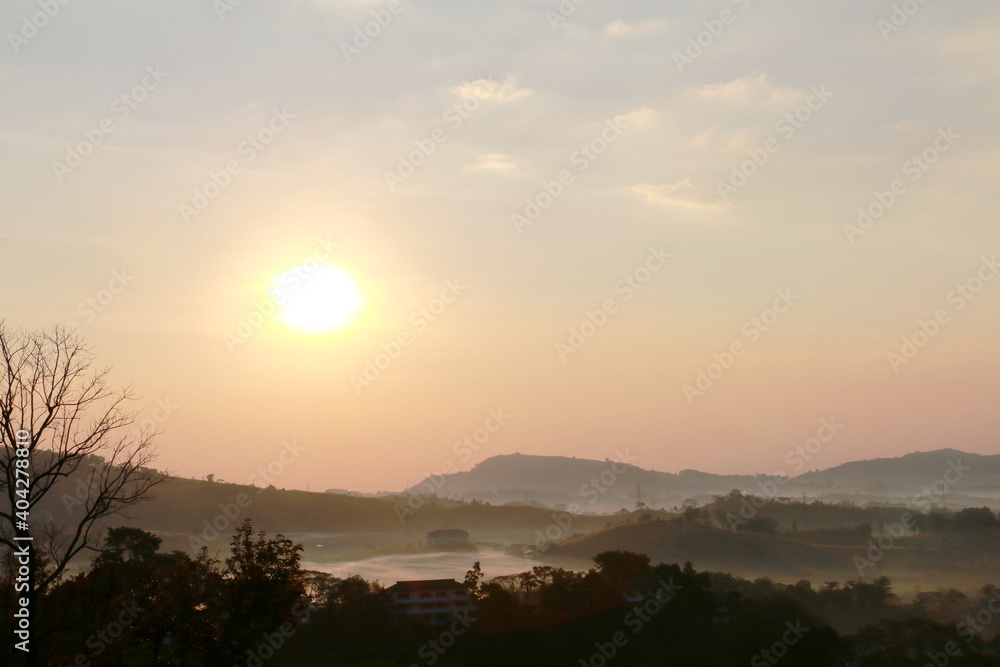 The scenery on the top of the mountain in the morning, mountain peaks in morning fog,Thailand. The scenery on the top of the mountain in the morning, mountain peaks in morning fog,Thailand.