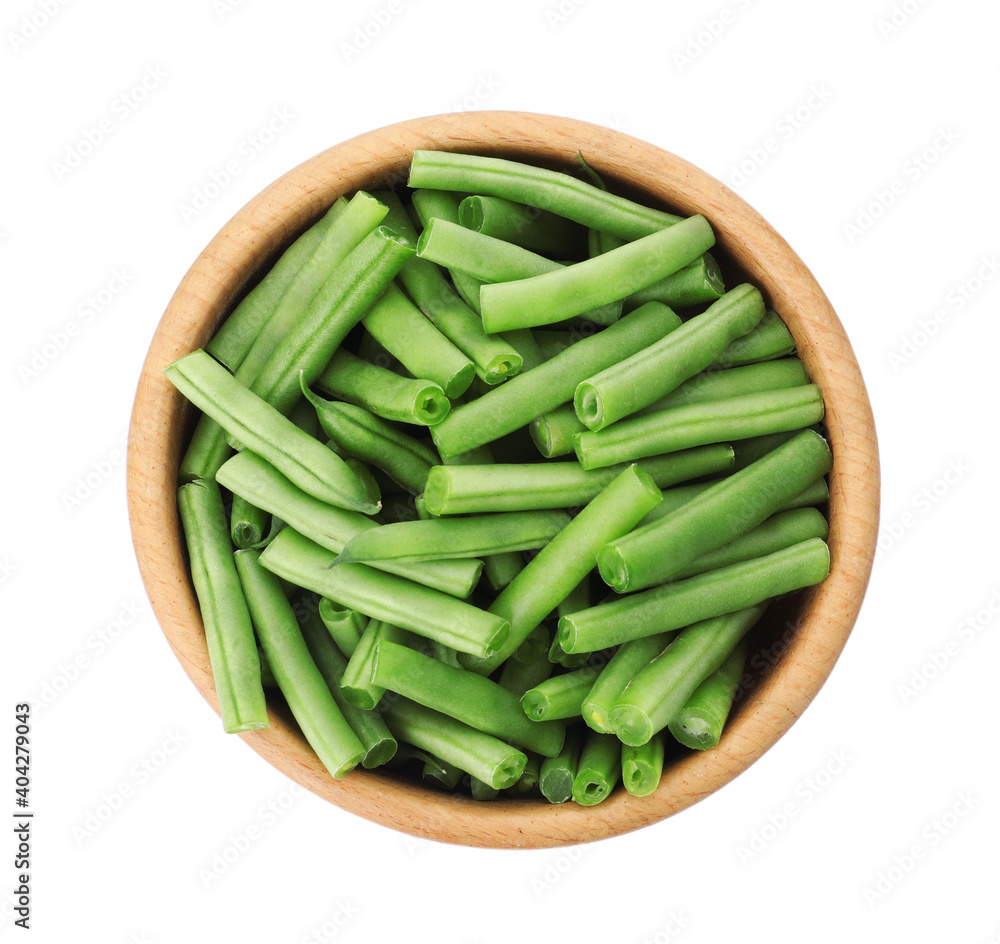 Fresh green beans in wooden bowl isolated on white, top view Fresh green beans in wooden bowl isolated on white, top view