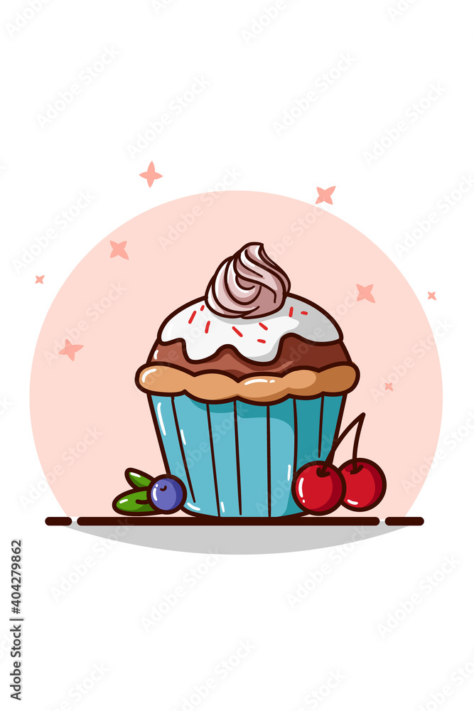 A cupcake with pink cream and cherry and blueberry A cupcake with pink cream and cherry and blueberry