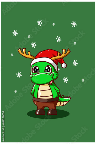 The dinosaur wearing a Christmas costume with green background