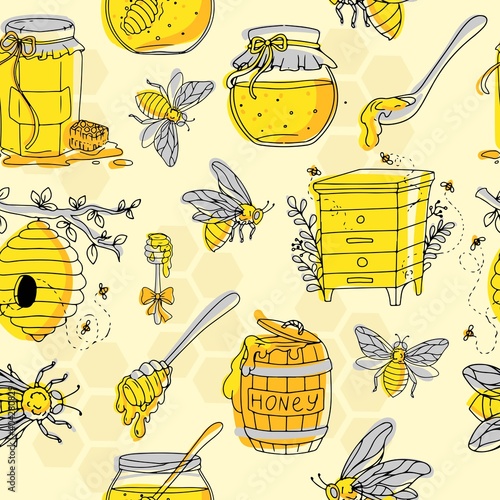 beautiful pattern of objects drawn by hand in doodle style. yellow and gray. natural bee honey, bees and various jars. Vector illustration isolated on white background.