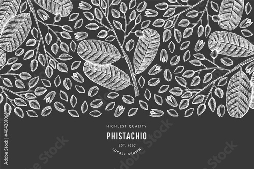 Hand drawn phistachio branch and kernels design template. Organic food vector illustration on chalk board. Retro nut illustration. Engraved style botanical banner.