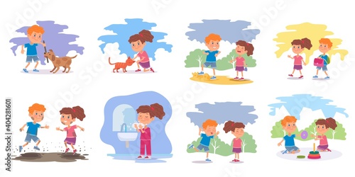 Good children versus bad kids set. Boy and girl playing with dog and cat. Playing in mud outdoor vs washing face, playing together or bullying, walking to school. Behavior vector illustration