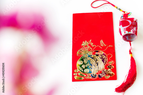 Red envelope put on white background, red envelope is gift and chinese lantern on special days such as chinese new year,