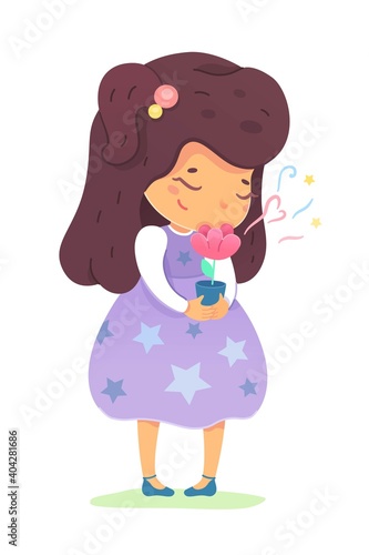 Girl sniffing flower in hands. Sense of smell vector illustration. Small happy child standing in nature and holding pot with plant. Joyful education at childhood. Cute smiling kid
