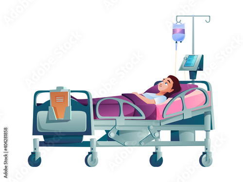 Young patient in hospital bed with dropper isolated cartoon person. Vector ill character under drip on postoperative bedstead with prescription list, ward cells intensive therapy diagnostic room
