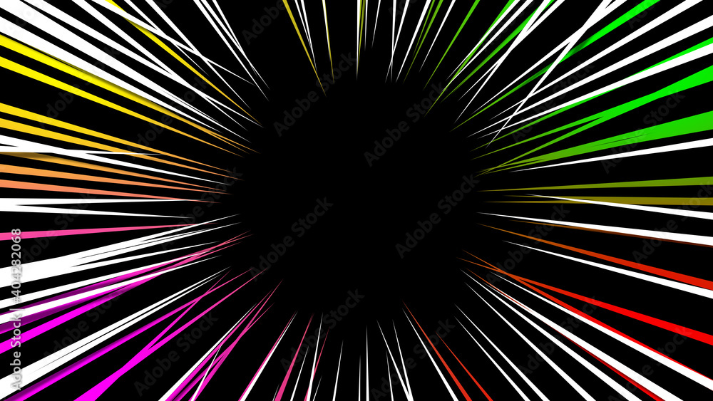 Colorful of radial shining speed line. Abstract fast motion in black background. Colorful of radial shining speed line. Abstract fast motion in black background.
