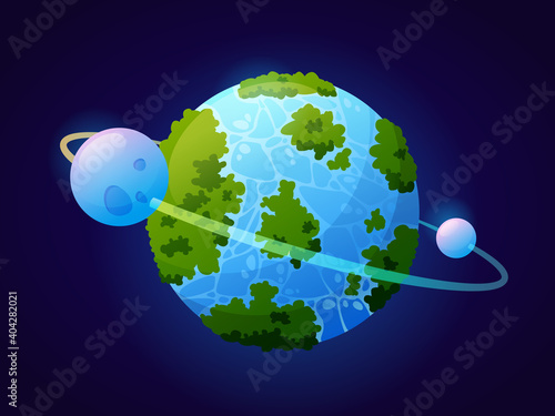 Fantasy planet looks like Earth with vegetation and water masses. Celestial body with satellite and orbit. Planetarium and outer space exploration and discoveries. Cartoon vector in flat style