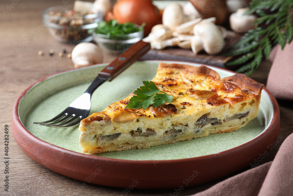 Delicious pie with mushrooms and cheese on brown wooden table, closeup Delicious pie with mushrooms and cheese on brown wooden table, closeup