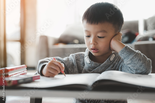Tableau sur toile Asian Boy Doing homework with the intention
