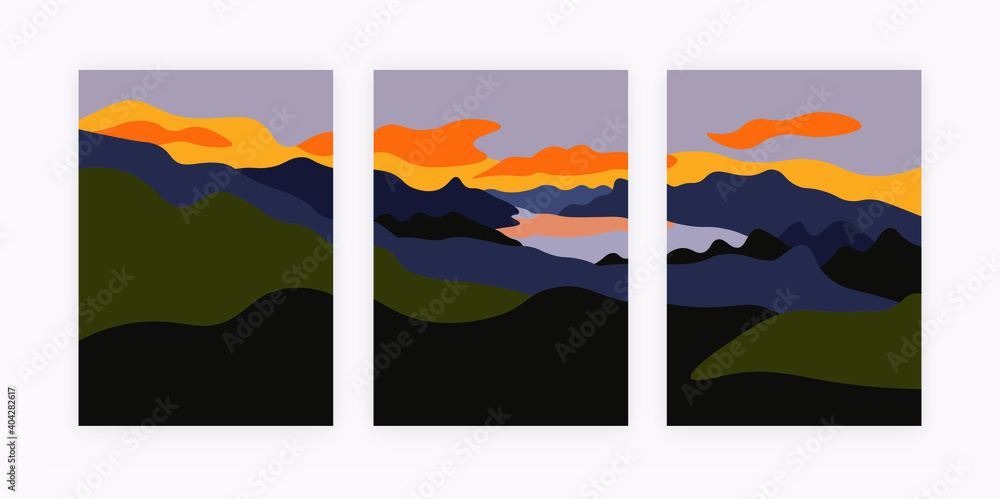 Landscape background. Abstract template with with sunset on lake. Mountain layout design, Minimalist poster set. Vector illustration
