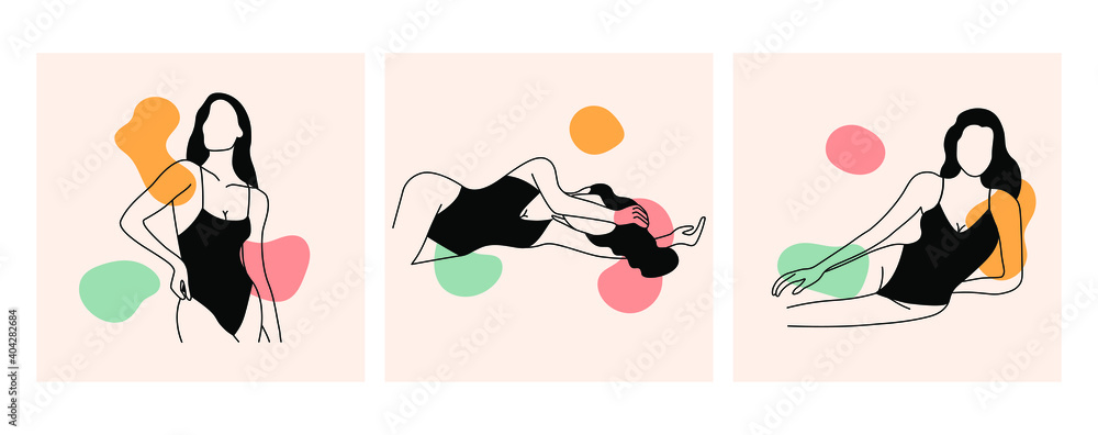 Set of abstract female figure posters. Fashion illustration with women bodies and organic shapes, model body linear style. Vector boho art