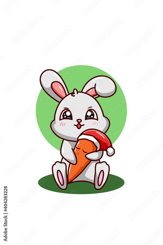 A rabbit hug the carrot wearing Christmas hat A rabbit hug the carrot wearing Christmas hat