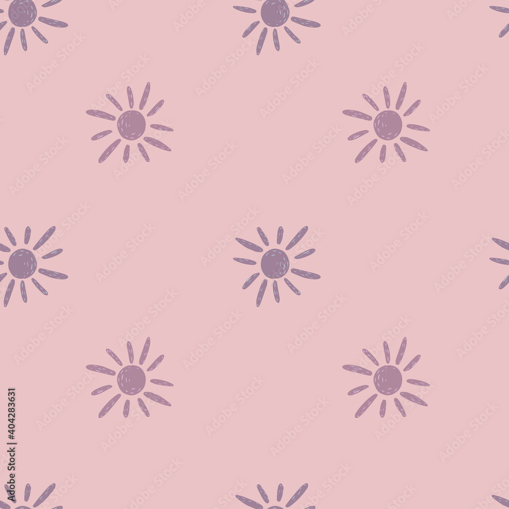 Random seamless doodle pattern with purple geometric sun silhouettes. Pink background.
