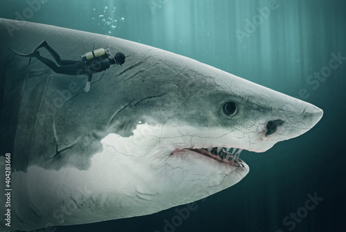 diver encounters a megalodon - Illustration