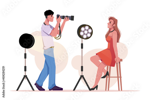 Photographer photographing model, lighting equipment isolated flat cartoon man and woman in photo shooting studio. Vector camera ans spotlight, girl in red dress and photomaker, projectors with light