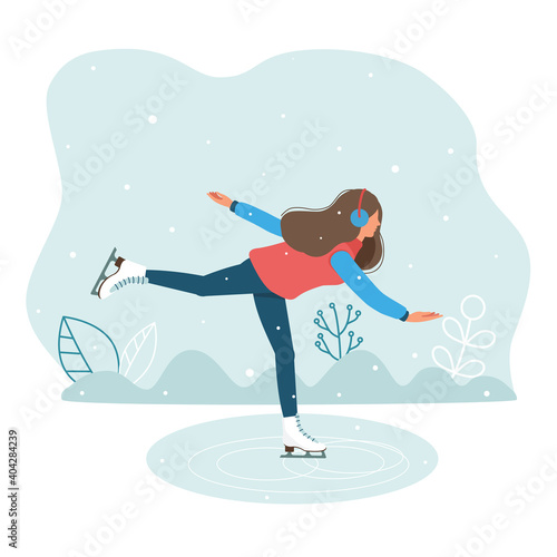 Beautiful girl, young woman skating outdoors. Winter sports. Figure skating. Vector illustration