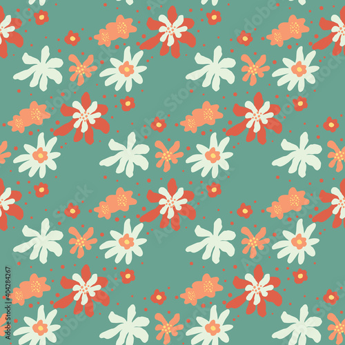 Pastel palette seamless pattern with white, red and orange flowers abstract print. Blue background.