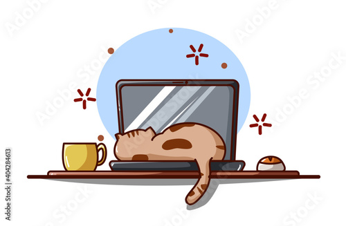 Illustration of a cat sleeping on a laptop