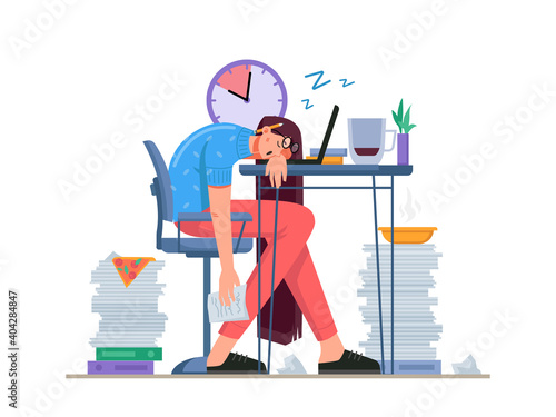 Home office problems of freelancers. Worker having irregular working hours, sleeping and eating at workplace. Exhausted and stressed by deadlines and tasks. Cartoon character, vector in flat style