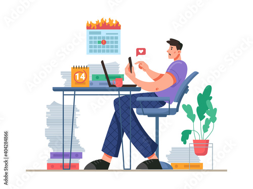 Man procrastinating and distracting by using social networks instead of working. Deadlines and heavy workload and tasks. Lack of motivation and pressure at home. Cartoon character, vector in flat