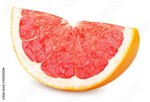 Isolated grapefruit. Ripe slice of  grapefruit isolated on white background. Grapefruit wedge with clipping path