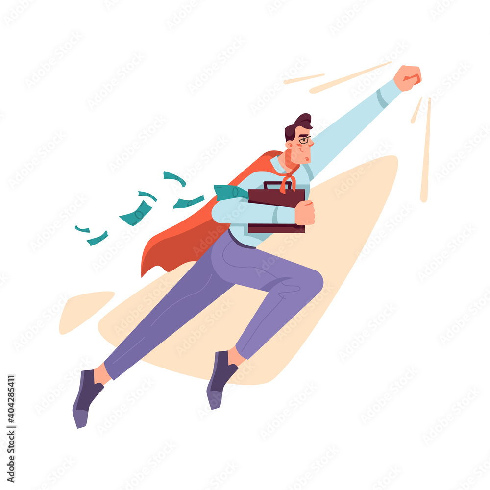 Obraz premium Business mission concept, achieving results and success in financial field. Isolated businessman like superhero with cloak. Success and benefit, profit and target. Cartoon character, vector in flat
