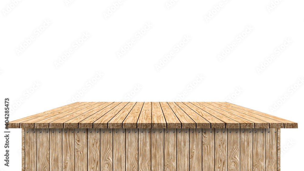 Empty wood table with white background for design and text. Horizontal illustration with copy space. Hardwood bar counter. Planks surface with brown boards. Wooden tabletop for marketing presentation. Empty wood table with white background for design and text. Horizontal illustration with copy space. Hardwood bar counter. Planks surface with brown boards. Wooden tabletop for marketing presentation.
