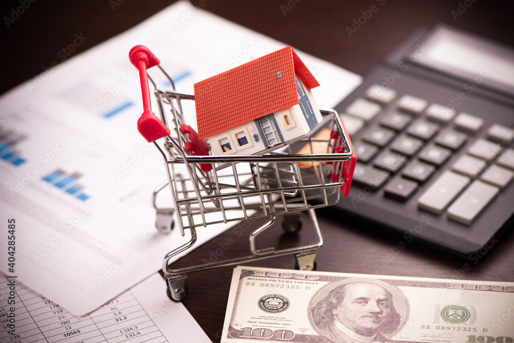 Shopping cart and model of house. Real estate concepts