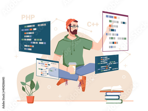 Skillful coder with monitors and gadgets, male personage developing websites and coding. Programming hobby and work. Bearded guy with coffee and scripts. Cartoon character, vector in flat style