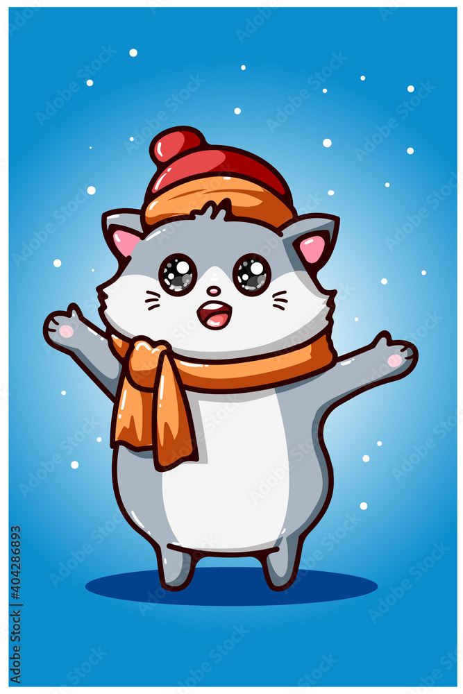 Cute cat wearing hat and scarf illustration Cute cat wearing hat and scarf illustration