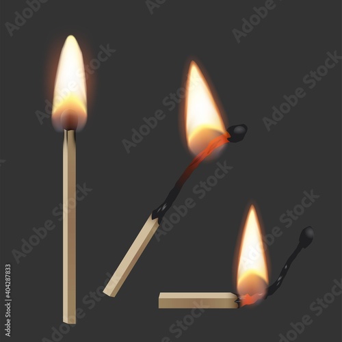 Lit match stick burning with fire flame set. Wooden matches, hot and glowing red isolated on dark background. Abstract realistic vector illustration