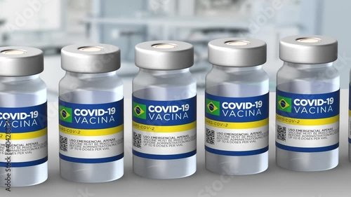 3D Brazilian vaccine is on a production line on a laboratory table all the vaccines are labeled with a blue and yellow label and with the flag of the country on it brazil is on way to mass vaccination photo