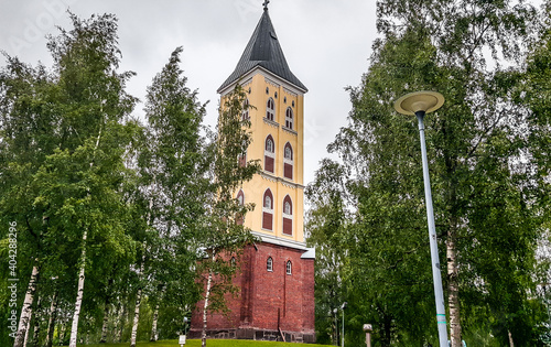 Bell tower of wooden double cruciform Lappee Church of St Mary. Lappeenranta, Finland photo