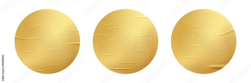 Gold glued round stickers set. 3d circular shaped blank paper labels vector illustration. Wrinkled crumpled bad badges with shining peel effect isolated on white background Gold glued round stickers set. 3d circular shaped blank paper labels vector illustration. Wrinkled crumpled bad badges with shining peel effect isolated on white background
