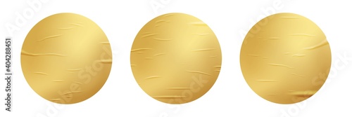 Gold glued round stickers set. 3d circular shaped blank paper labels vector illustration. Wrinkled crumpled bad badges with shining peel effect isolated on white background