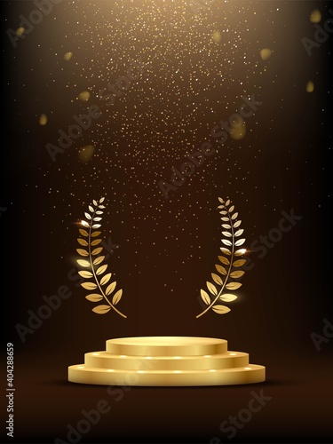 Golden three step podium with laurel wreath under falling gold glitter isolated on dark background. Vector illustration.